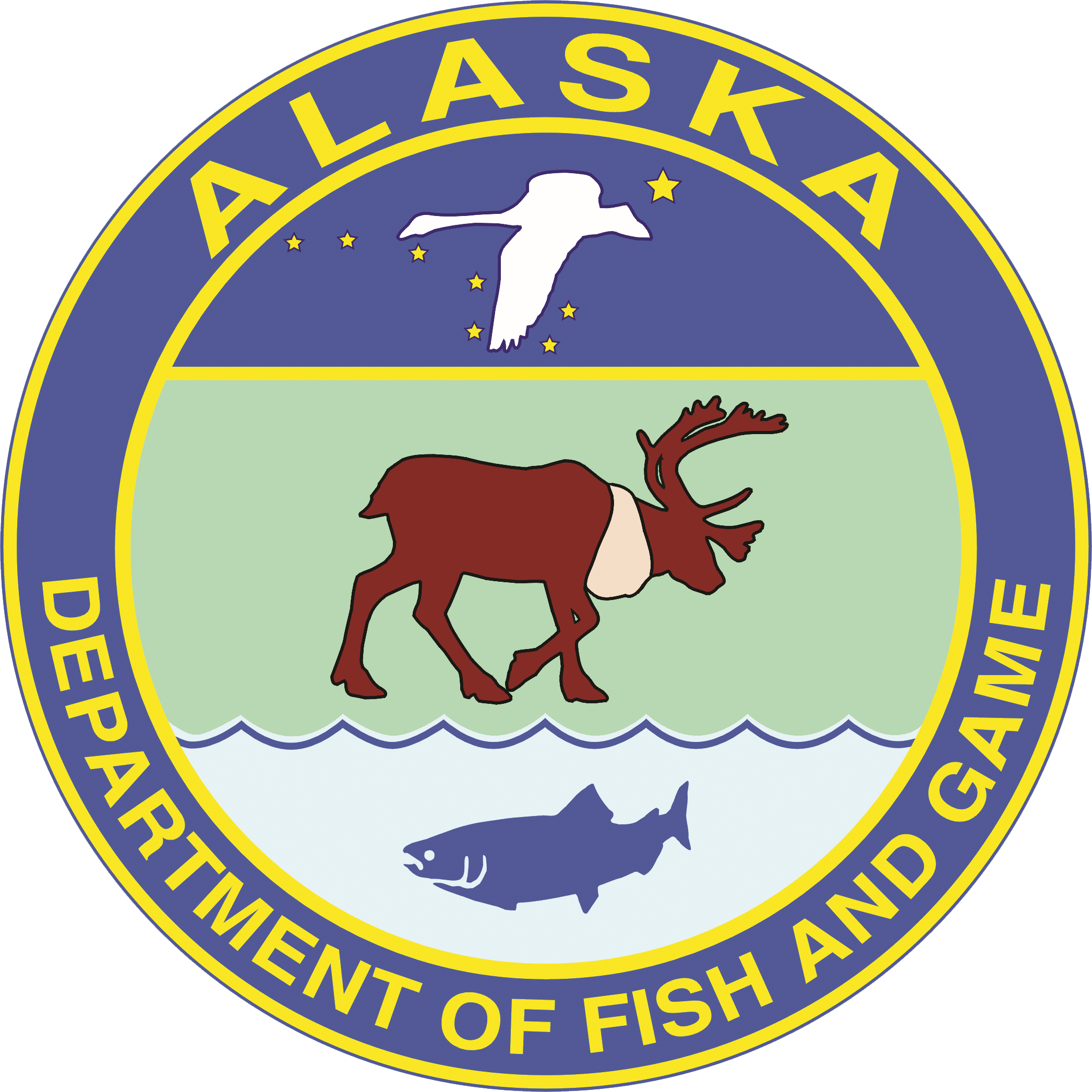 Alaska Department of Fish and Game logo featuring a crane, caribou, and a fish.